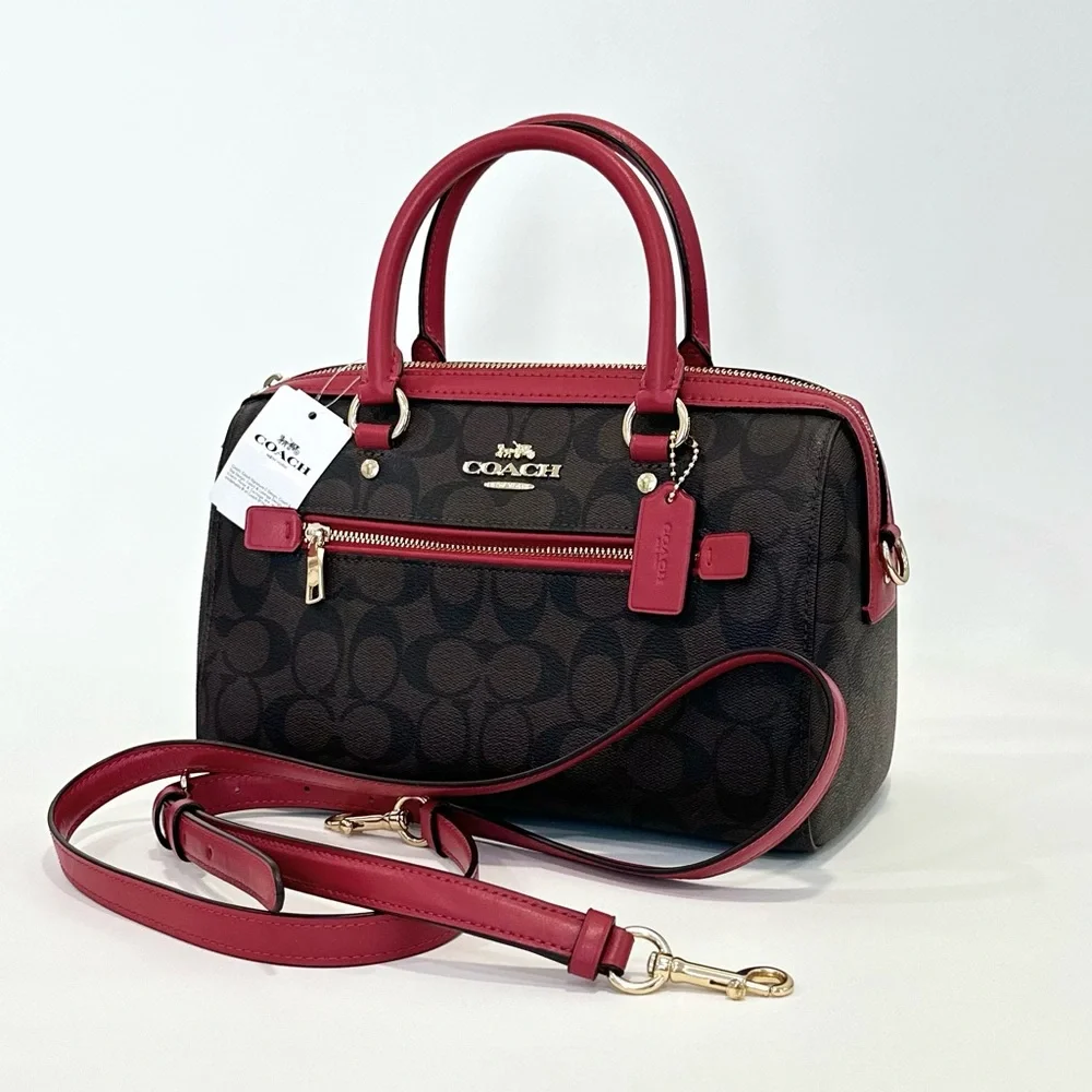 COACH Rowan Satchel Crossbody Bag in Signature Canvas Brown True red
